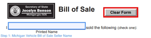 step 1 michigan vehicle bill of sale seller name