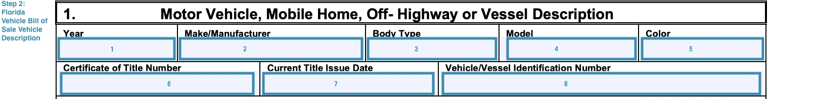 Vehicle particulars section of Florida bill of sale template for motor vehicle