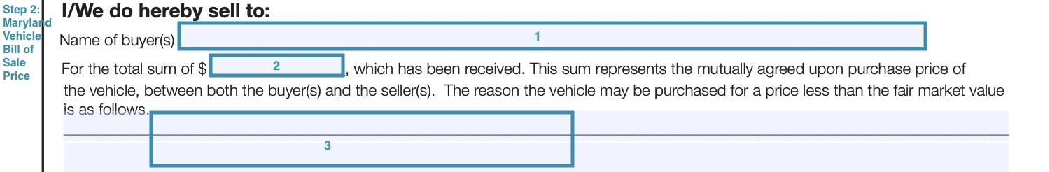 step 2 to filling out a maryland vehicle bill of sale form price