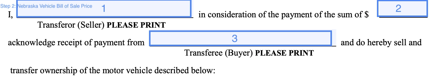 step 2 to filling out a nebraska vehicle bill of sale template price