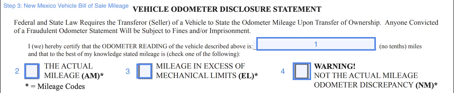 step 3 to filling out a new mexico vehicle bill of sale form mileage