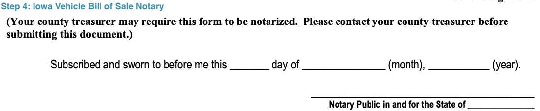 Section for notary certificate of Iowa bill of sale document for motor vehicle