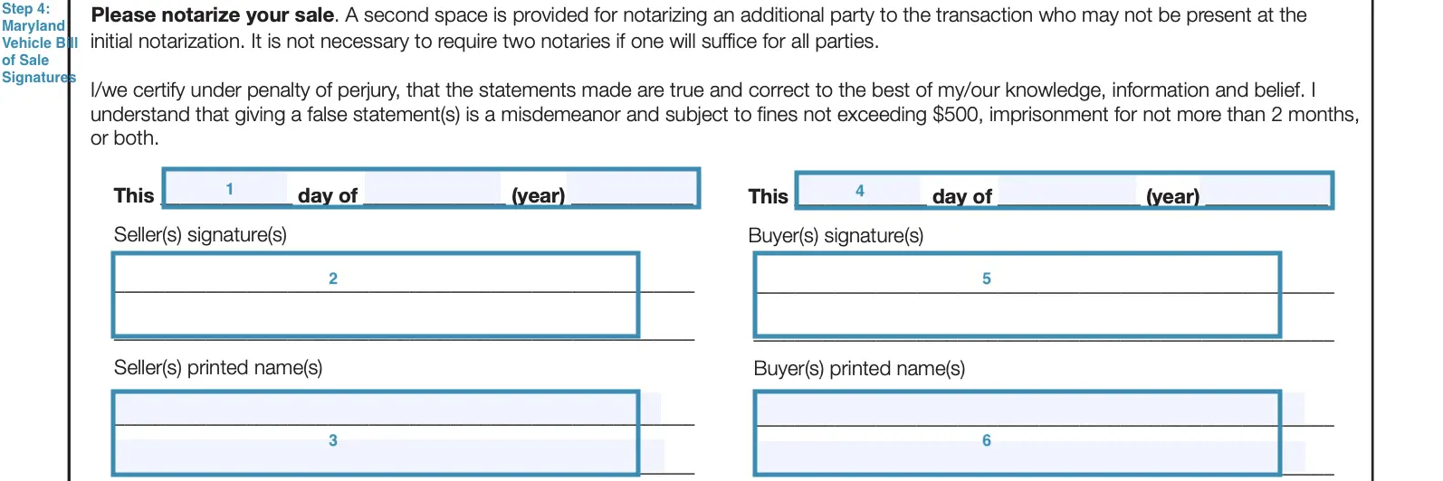 step 4 to filling out a maryland vehicle bill of sale sample signatures