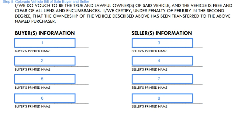 Section for identifying the parties of Colorado vehicle bill of sale document