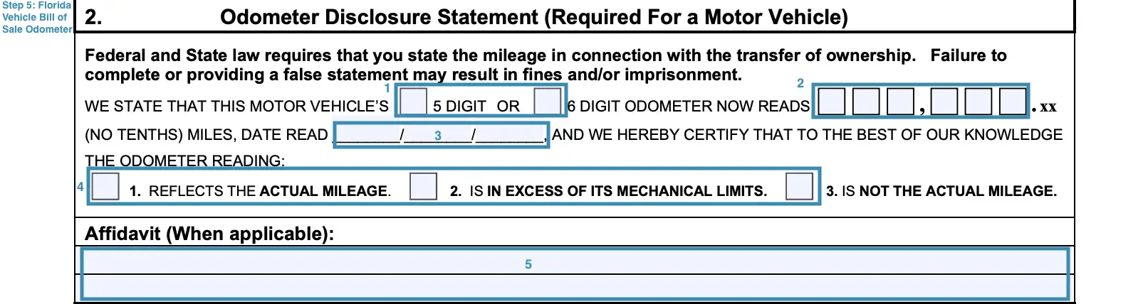 Section for filling out the odometer disclosure of Florida bill of sale template for motor vehicle