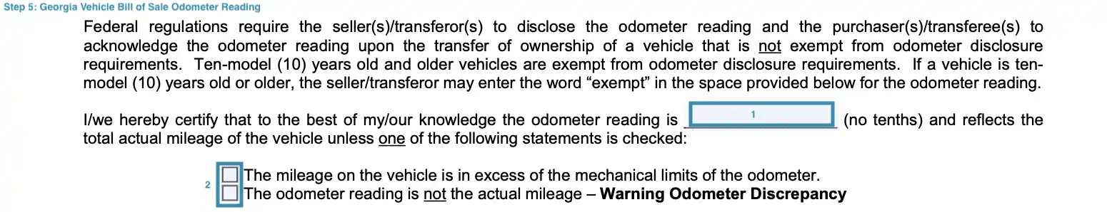 Section for disclosing the odometer reading of motor vehicle bill of sale for Georgia