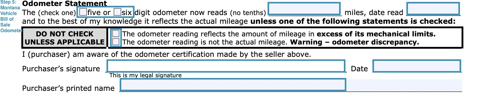 step 5 to filling out a montana vehicle bill of sale example odometer