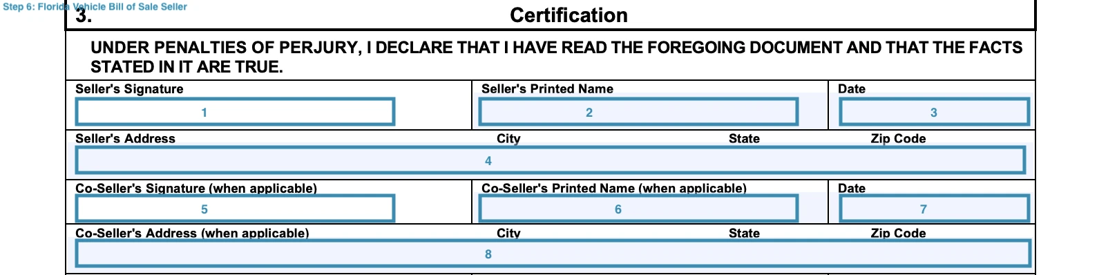 Section for specifying the seller's particulars of Florida bill of sale template for motor vehicle