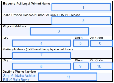 Section for specifying the buyer's particulars of a document of vehicle bill of sale for Idaho