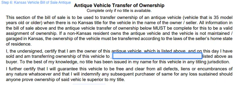 step 6 to filling out a kansas vehicle bill of sale form antique