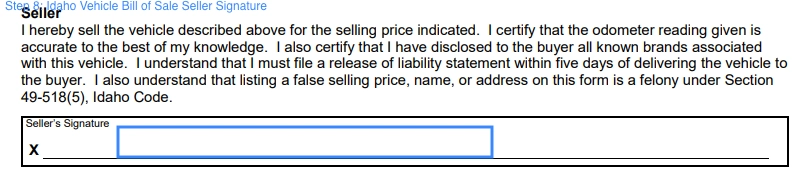 Part for the seller's signature of Idaho bill of sale form for vehicle