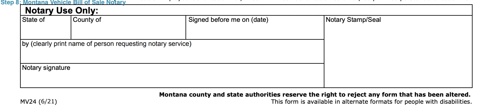 step 8 to filling out a montana vehicle bill of sale form notary