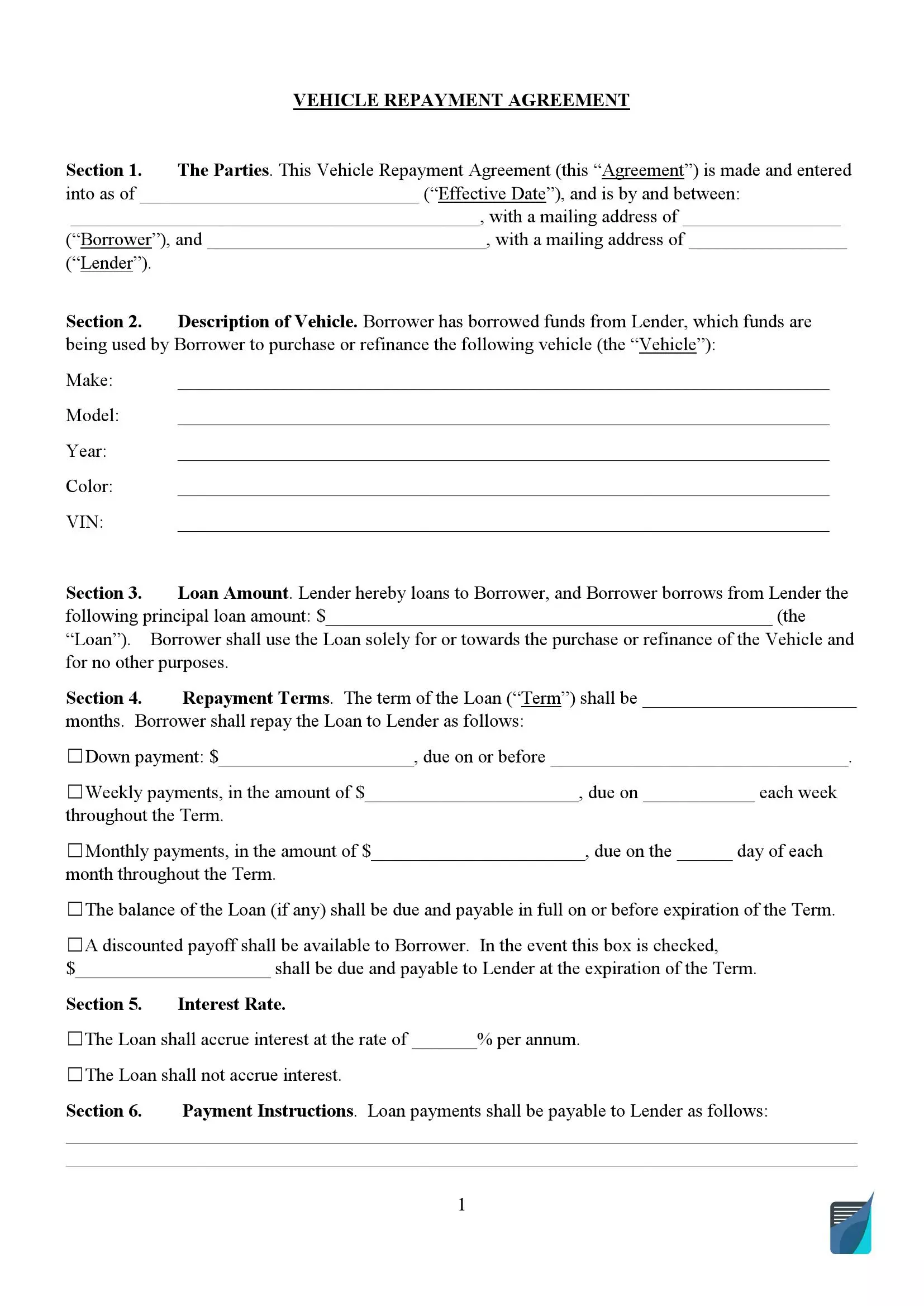 Car Sale Contract With Payments Vehicle Loan Agreement