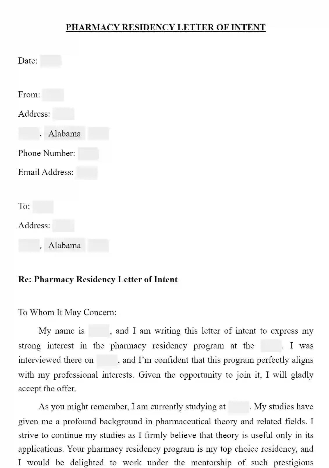 Free Pharmacy Residency Letter Of Intent Example FormsPal