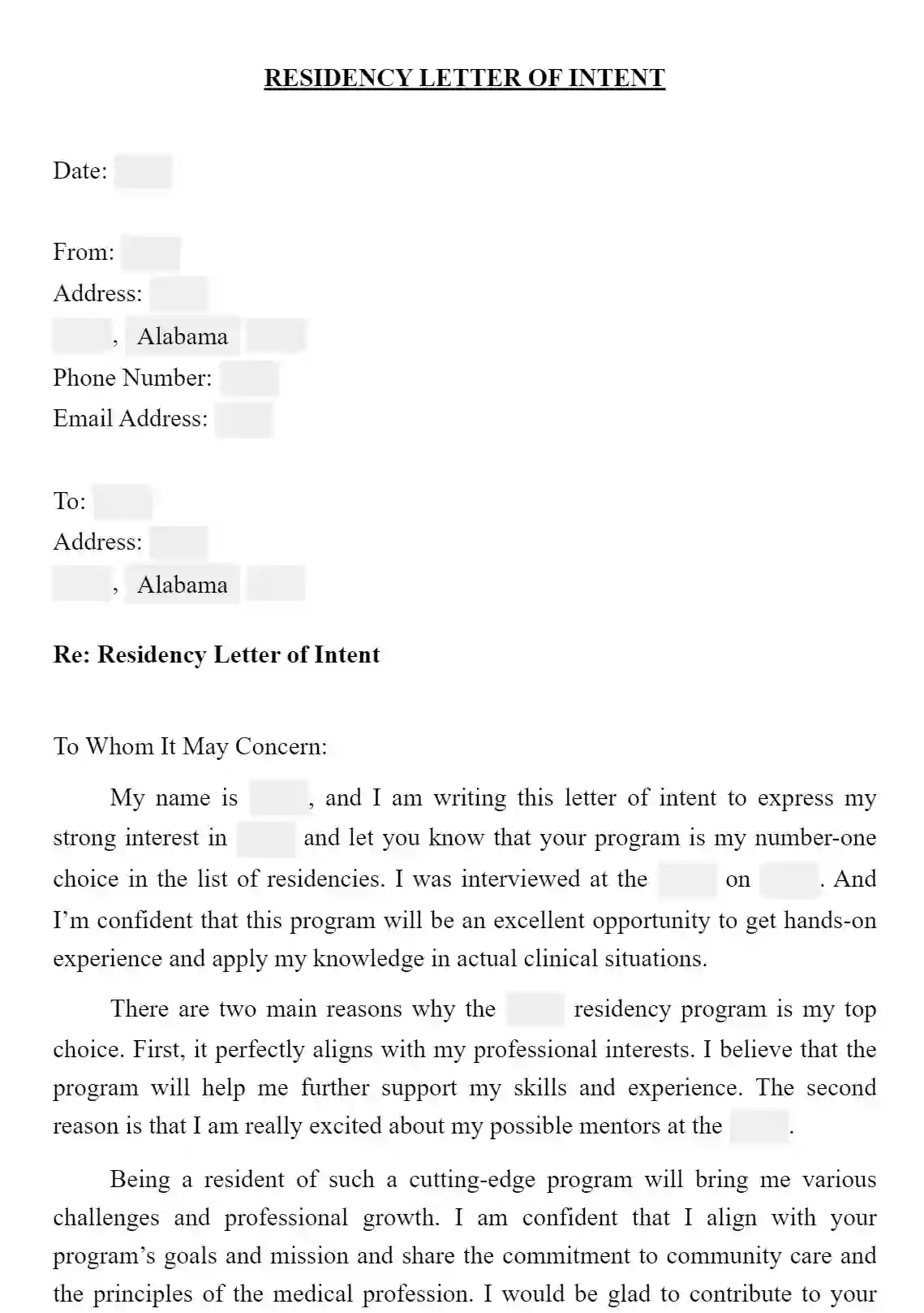 Sample Residency Letter Of Intent Fillable PDF Template 