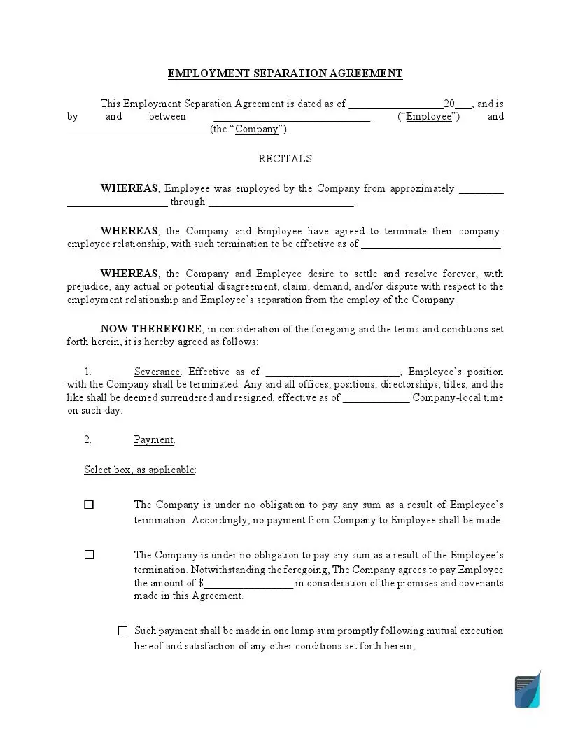 Fillable Employment Separation (Severance) Agreement Form
