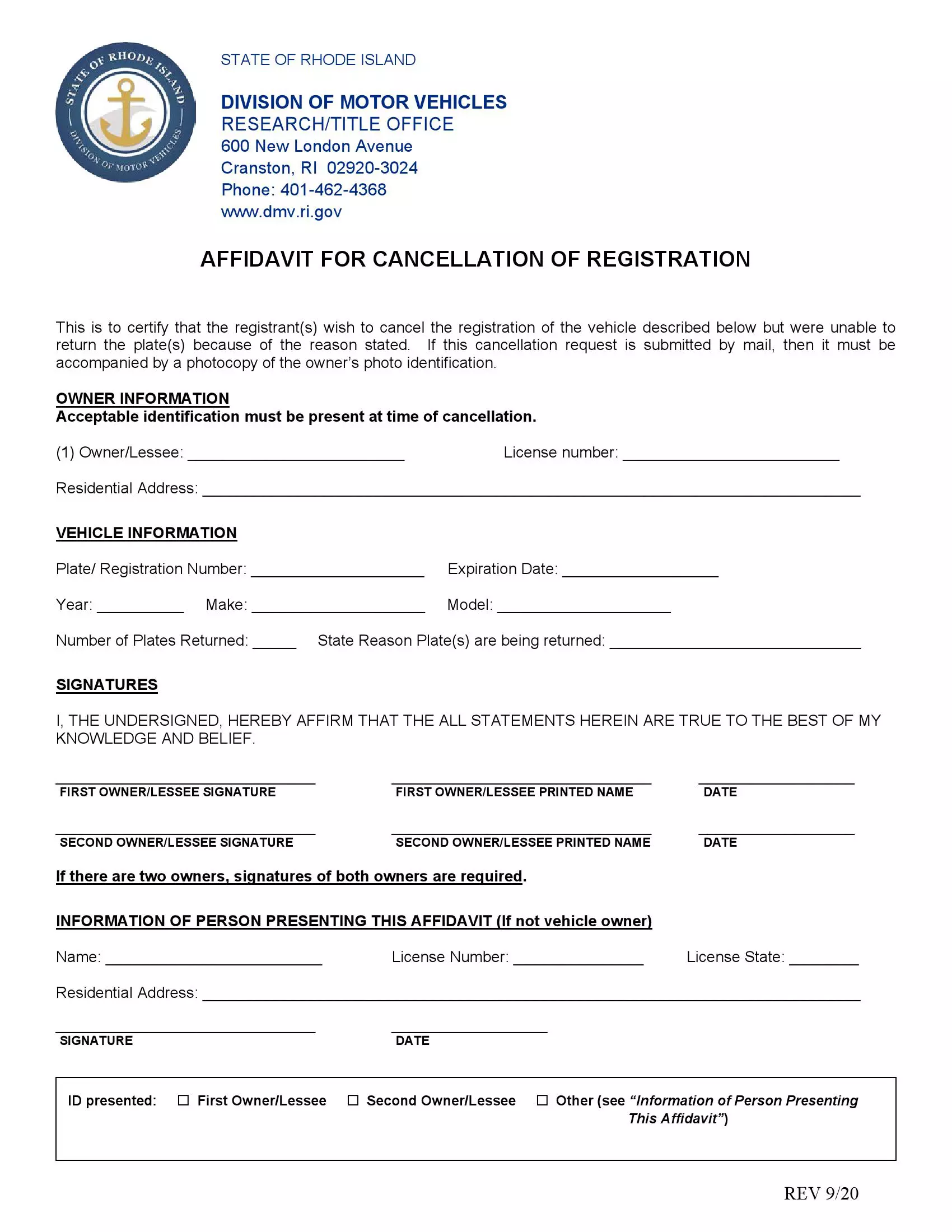 Affidavit for Cancellation of Registration
