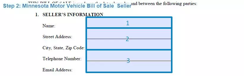 Step 2 to filling out a minnesota motor vehicle bill of sale seller