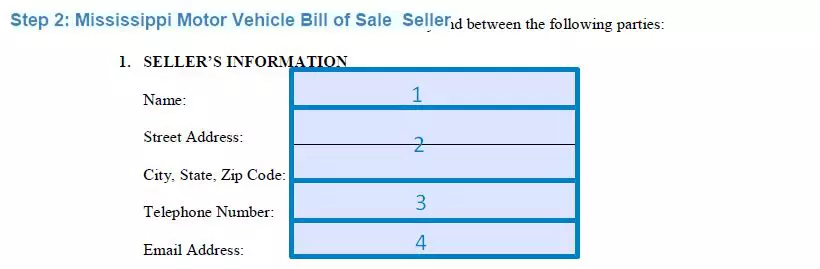 Step 2 to filling out a mississippi motor vehicle bill of sale - seller