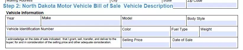Step 2 to filling out a north dakota motor vehicle bill of sale vehicle description