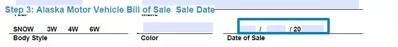 Step 3 to filling out an alaska motor vehicle bill of sale - sale date