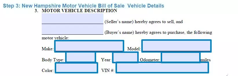 Step 3 to filling out a new hampshire motor vehicle bill of sale - vehicle details