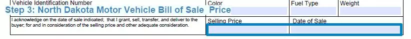 Step 3 to filling out a north dakota motor vehicle bill of sale - price