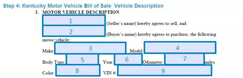Step 4 to filling out a kentucky motor vehicle bill of sale vehicle description
