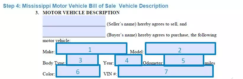 Step 4 to filling out a mississippi motor vehicle bill of sale - vehicle description