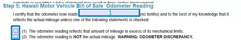 Step 5 to filling out a hawaii motor vehicle bill of sale - odometer reading