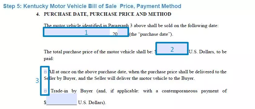 Step 5 to filling out a kentucky motor vehicle bill of sale price, payment method