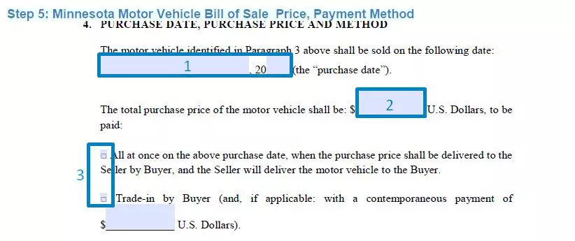 Step 5 to filling out a minnesota motor vehicle bill of sale price, payment method