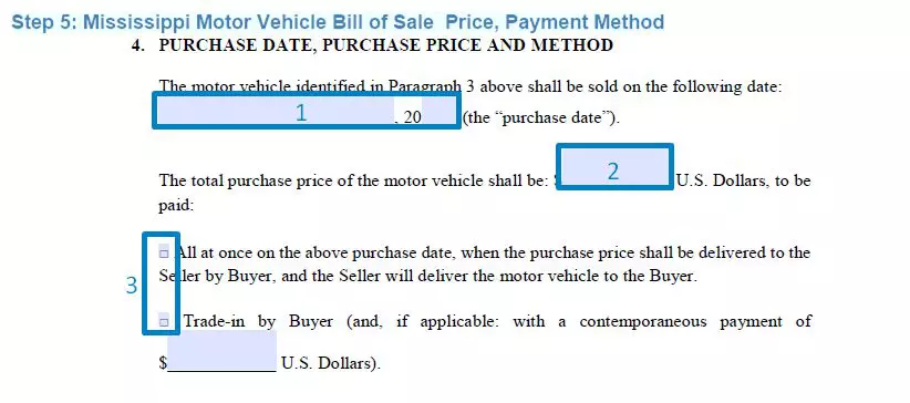 Step 5 to filling out a mississippi motor vehicle bill of sale price, payment method