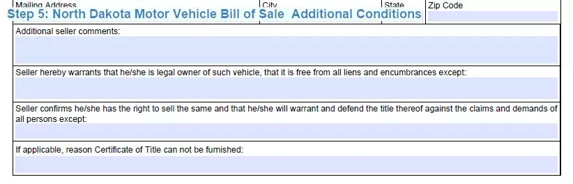 Step 5 to filling out a north dakota motor vehicle bill of sale additional conditions