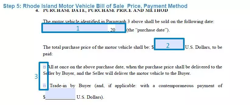 Step 5 to filling out a rhode island motor vehicle bill of sale - price, payment method