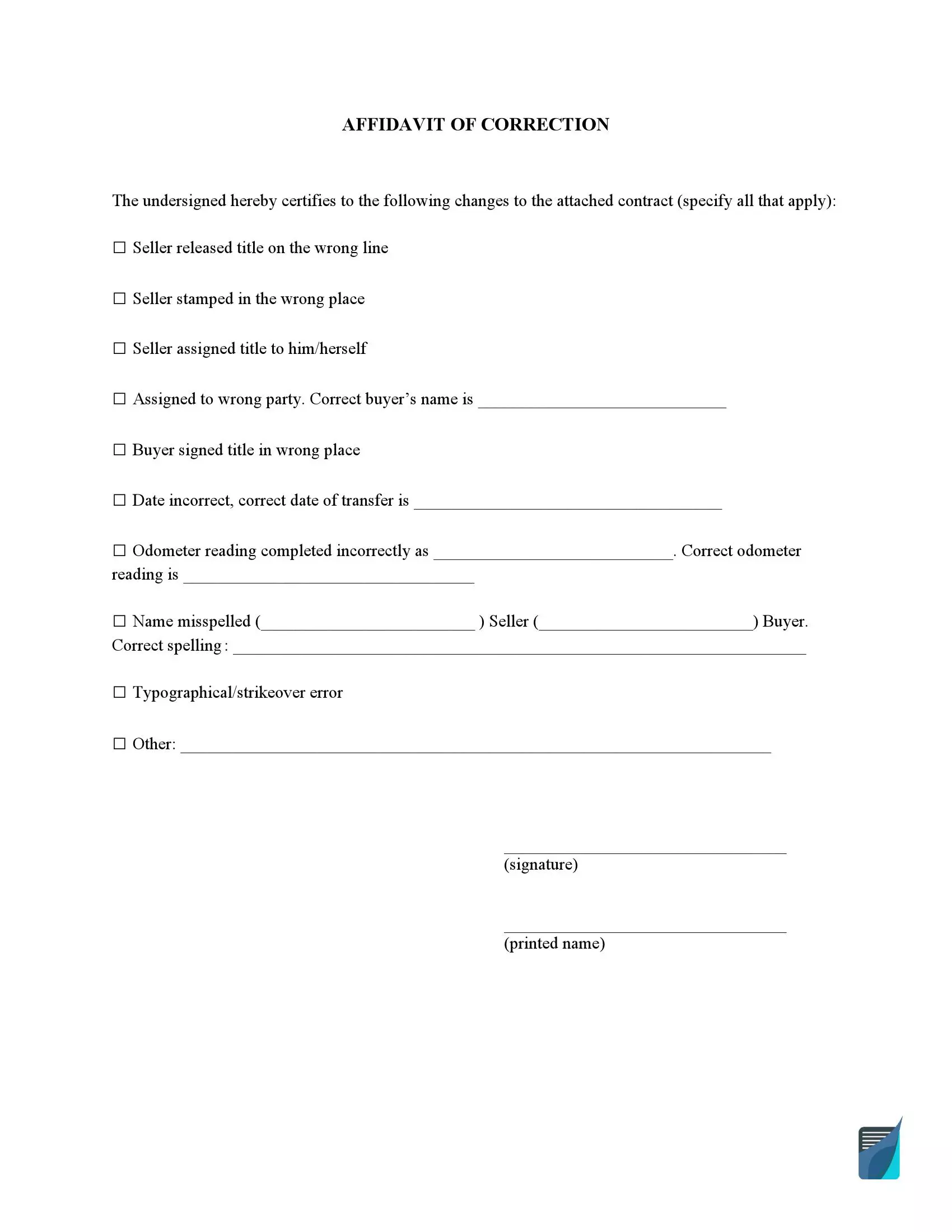 Affidavit of Correction form-preview