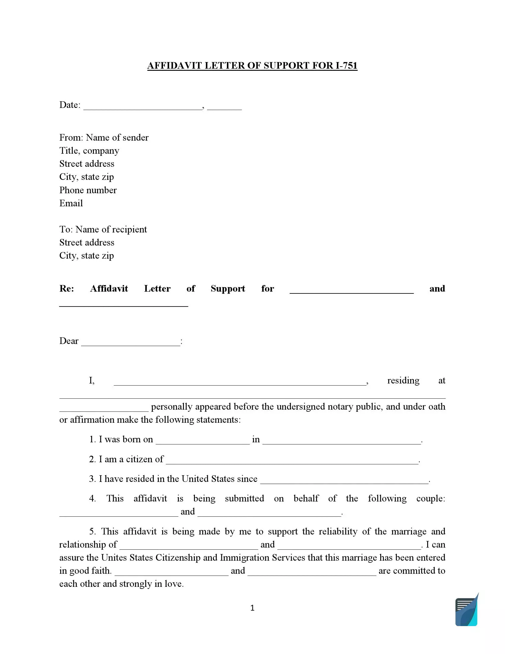 Affidavit Of Friends For I 751 Bona Fide Marriage Letter