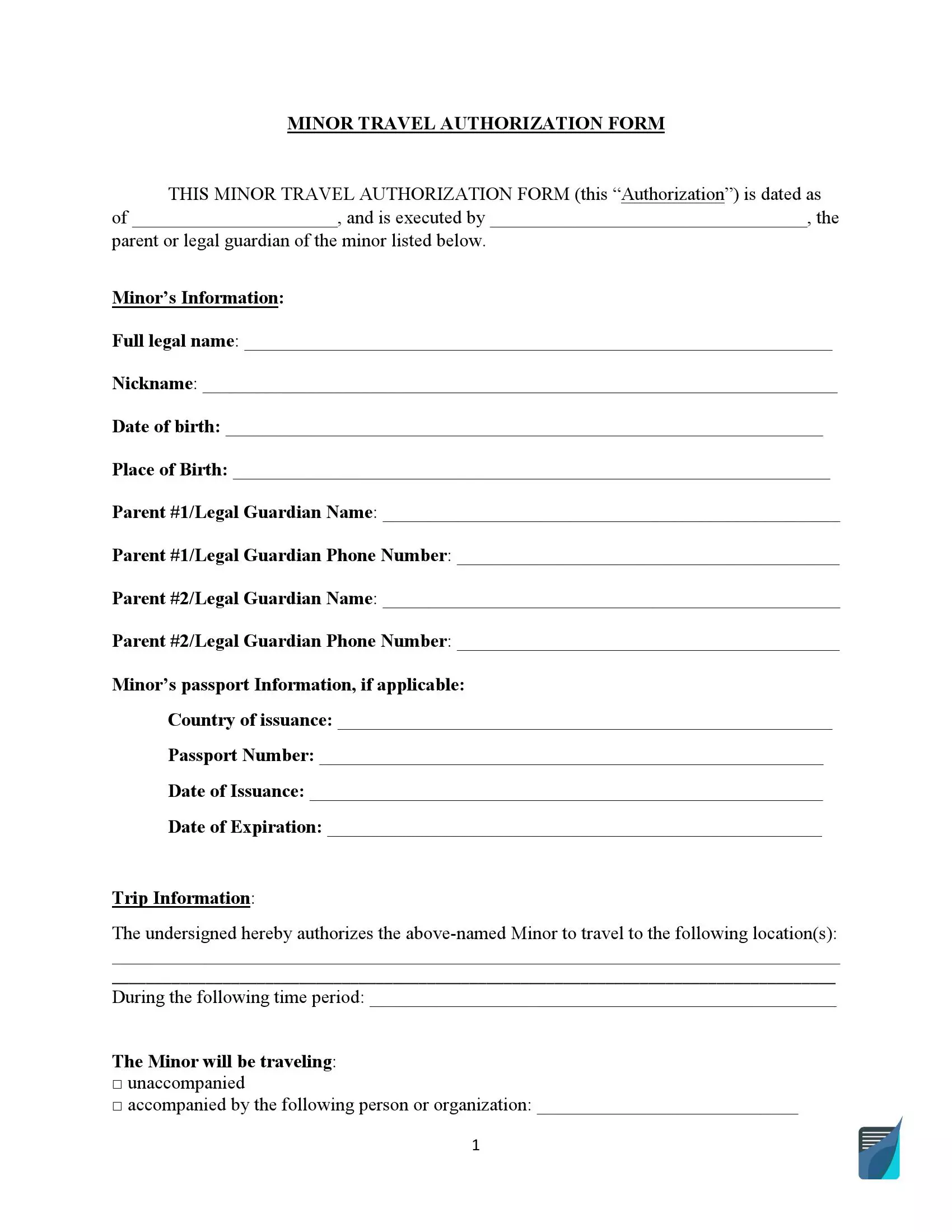 Child Travel Consent Form Without Parents FormsPal
