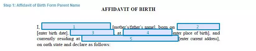 Step 1 to filling out an affidavit of birth form parent name