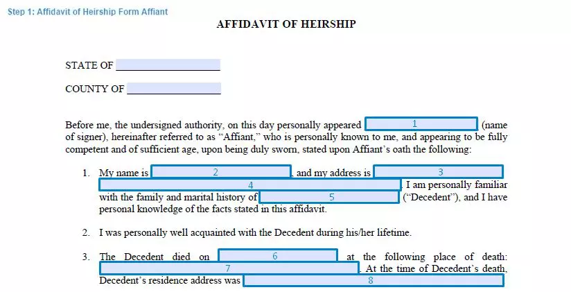 Step 1 to filling out an affidavit of heirship form - affiant