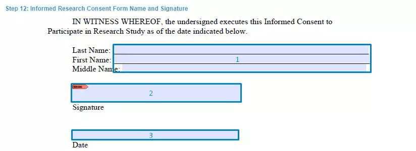 Step 12 to filling out an informed research consent form name and signature