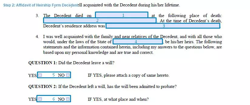 Step 2 to filling out an affidavit of heirship sample decedent