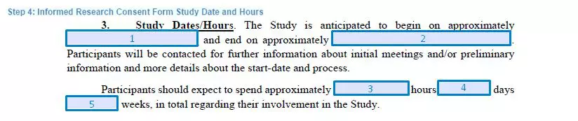 Step 4 to filling out an informed research consent form - study date and hours