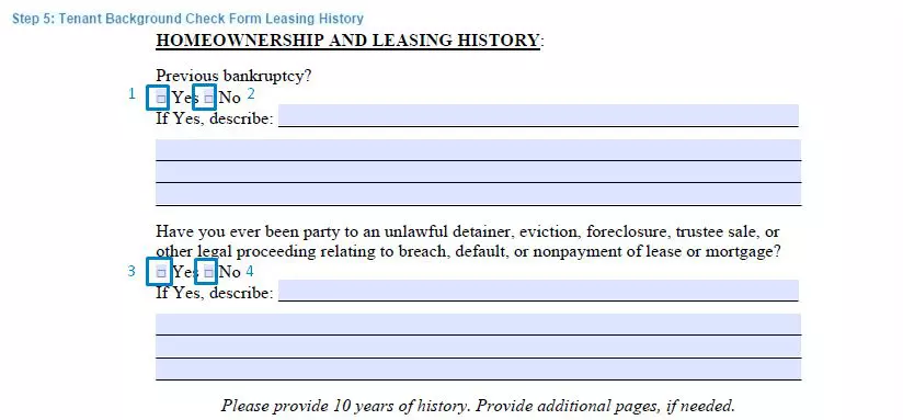 Step 5 to filling out a tenant background check example - leasing history