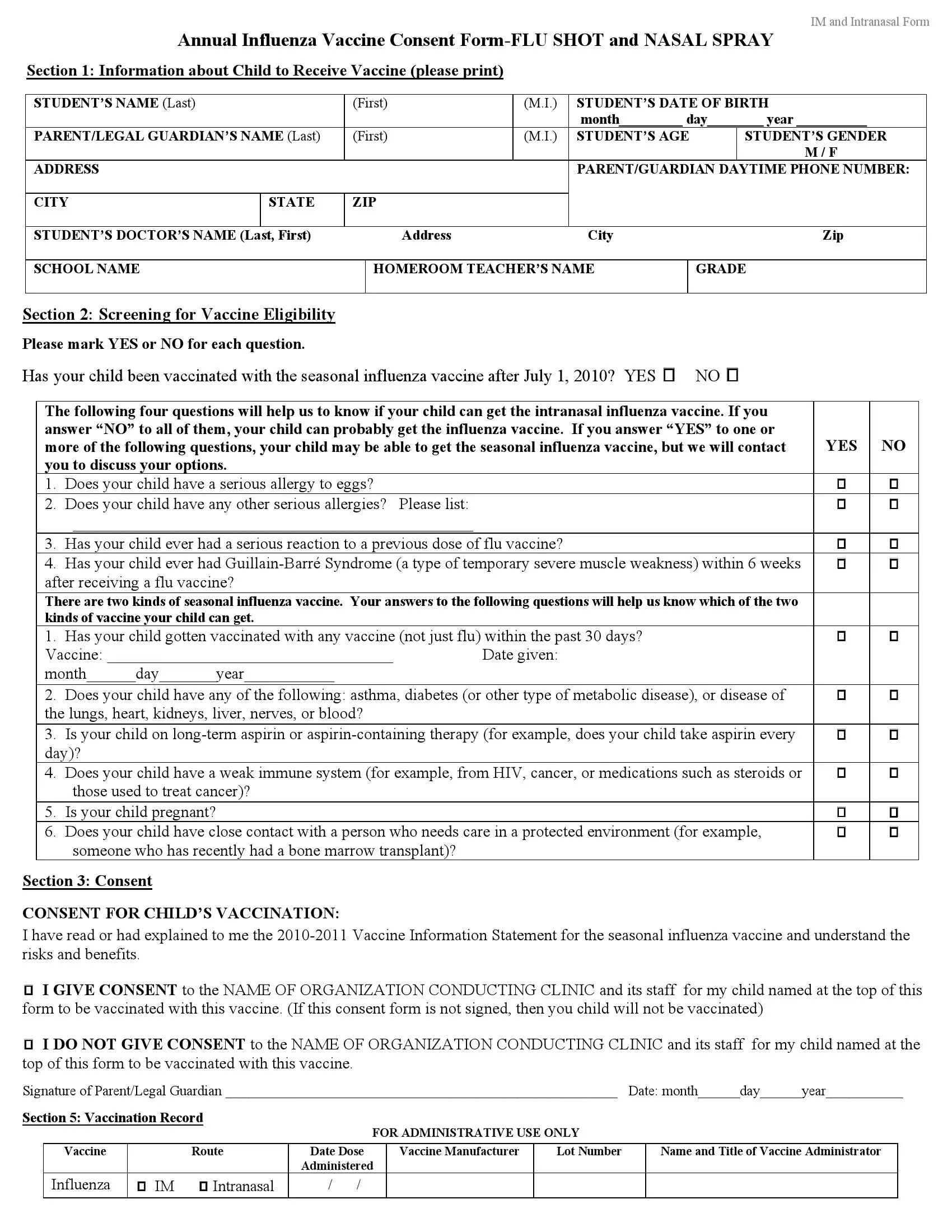 Influenza Consent Form 2023 Printable Forms Free Online