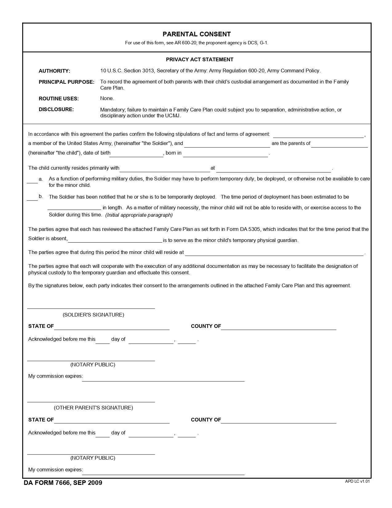 Military Parental Consent Form DA-7666 (Fillable PDF)
