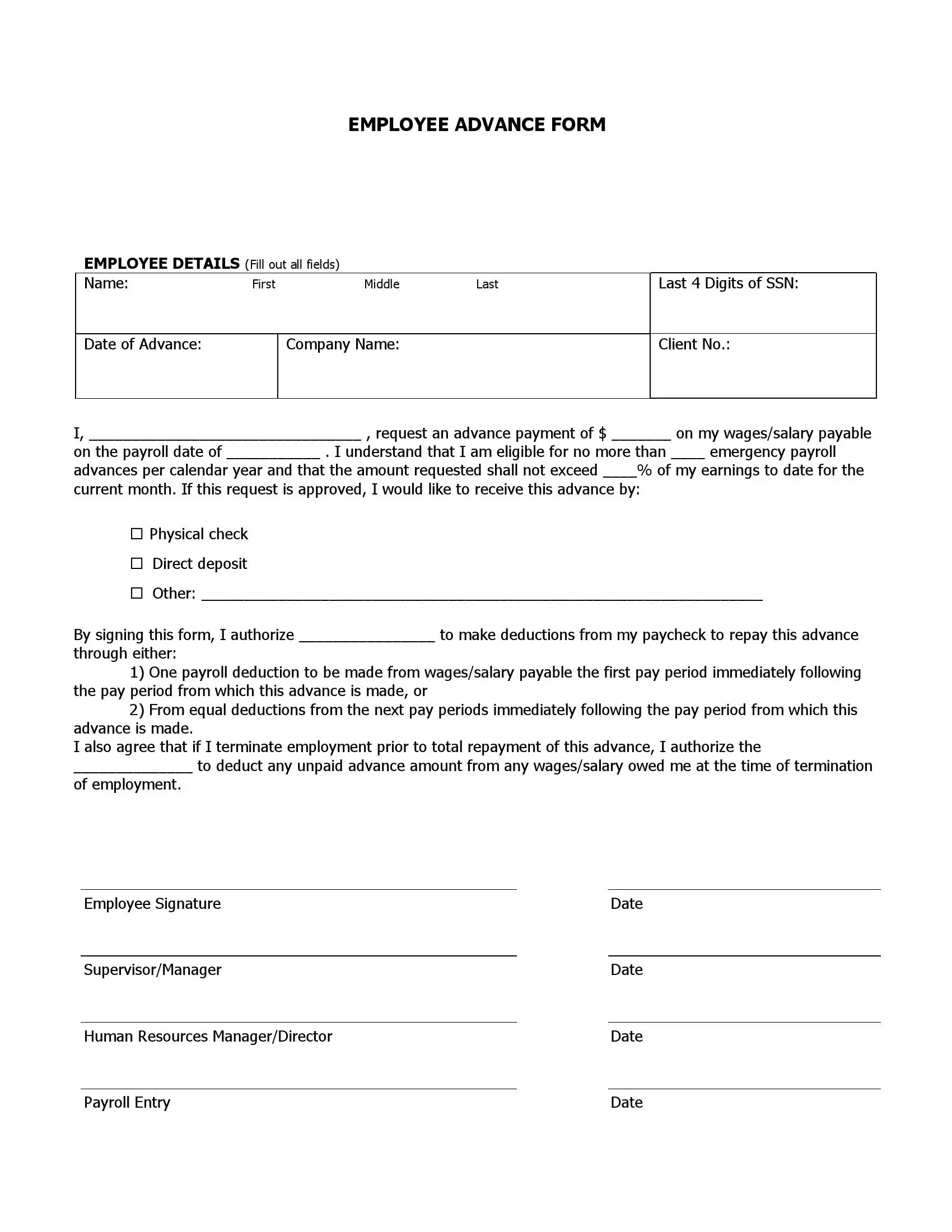 Employee Advance Form ⇒ Advance Payroll Agreement Template