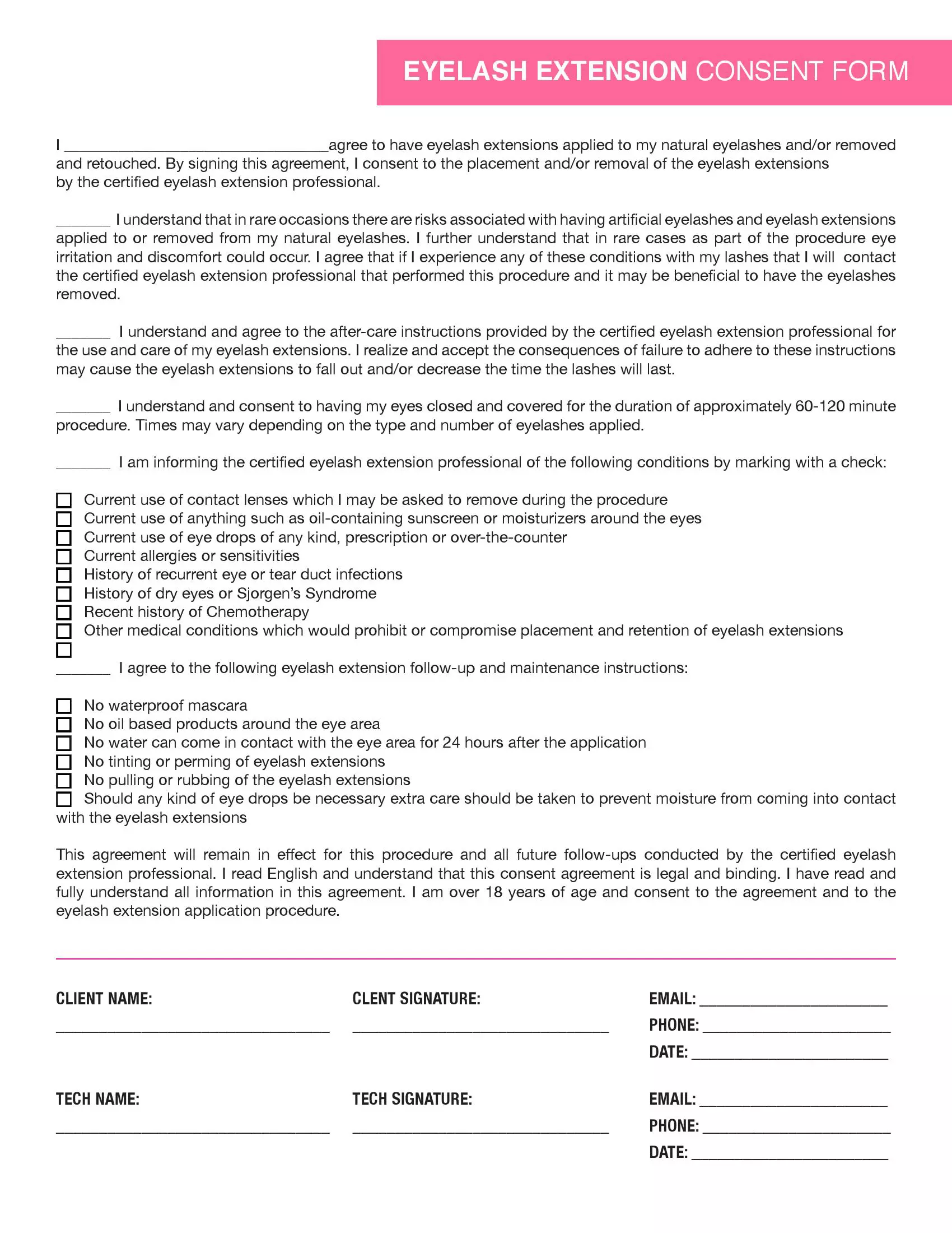 Eyelash Extension Consent Form Waiver And Release Template 