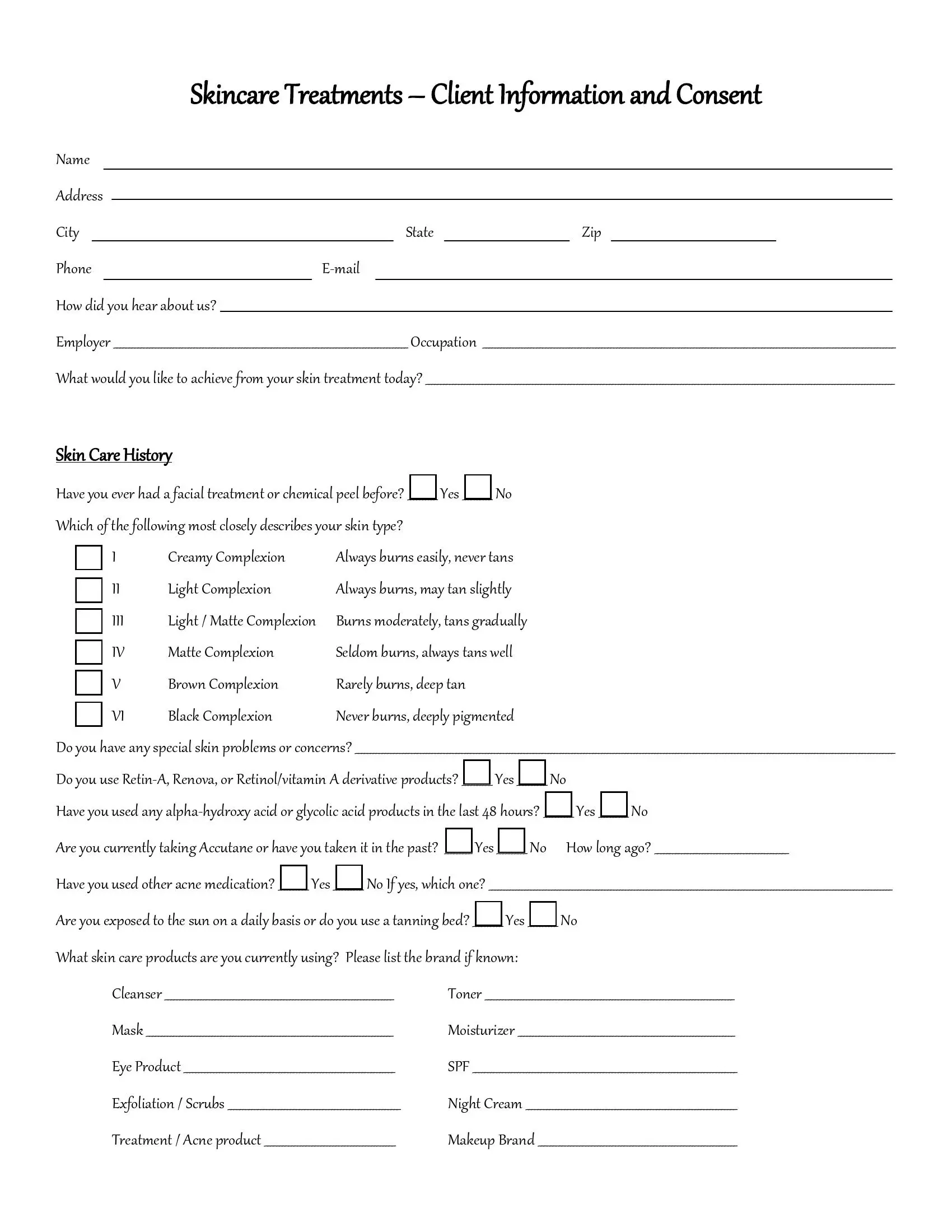 Facial Skin Care Consent Form Fillable PDF Template 