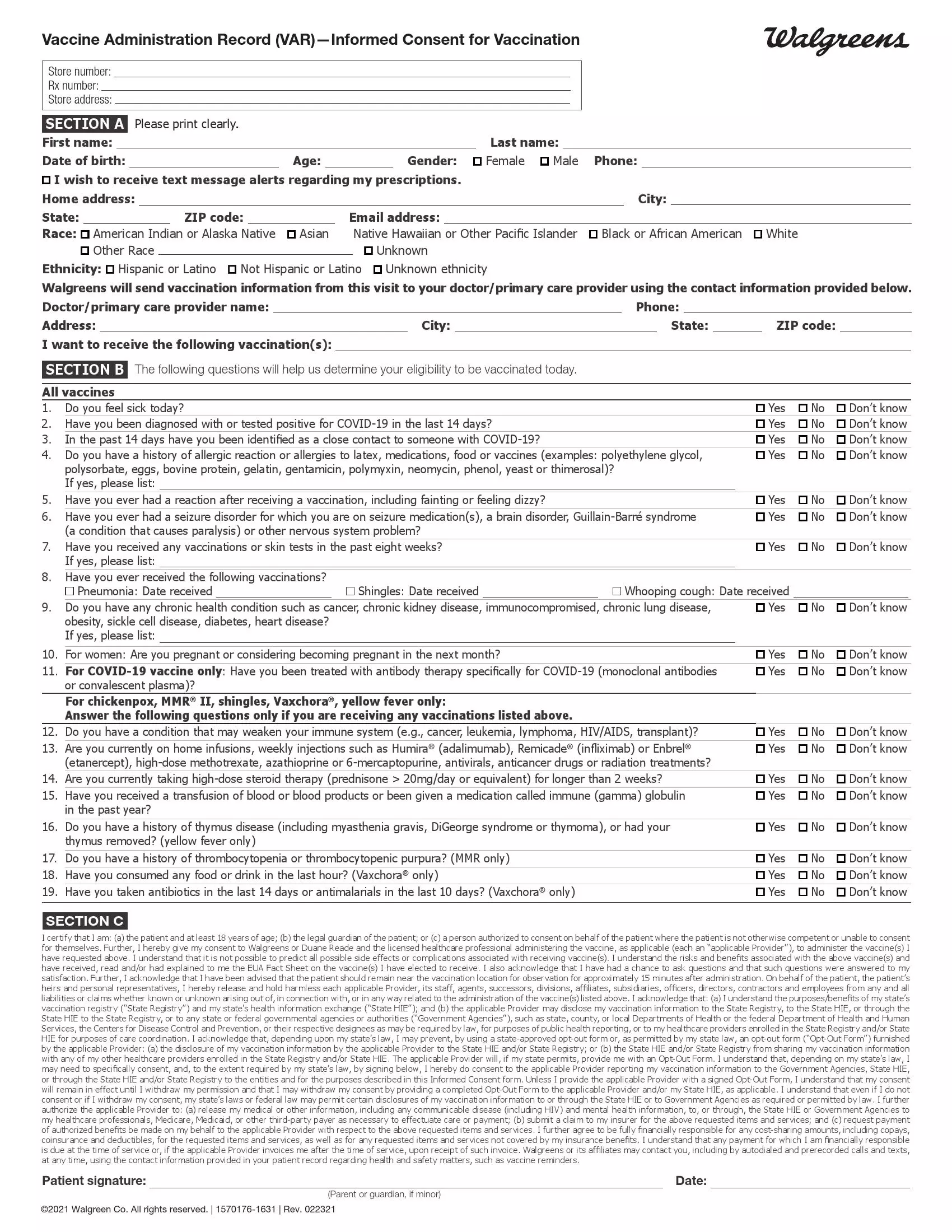 walgreens vaccination consent form preview